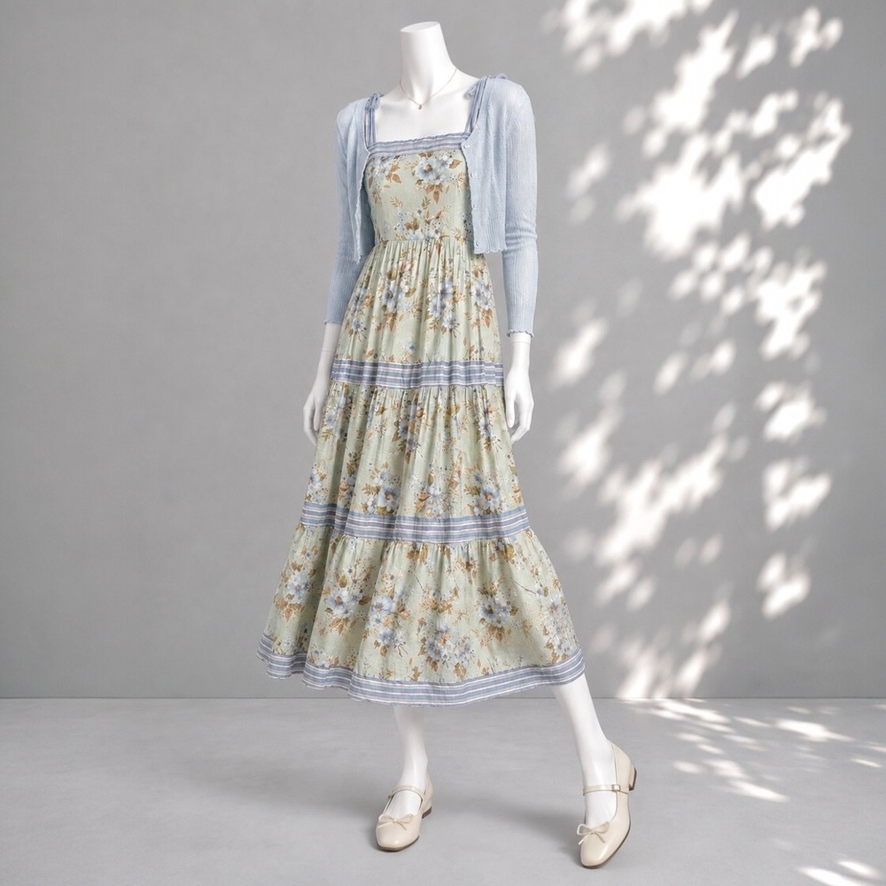 Sweet Wanderer Blue Green Floral Fairycore Midi Dress M Square Neck Cottagecore - Picture 1 of 8